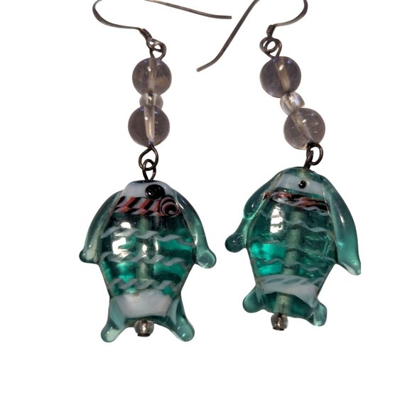 Handcrafted Glass Fish Earrings Beaded Accents Green & Clear Colors - Unique Oce - Picture 2 of 4